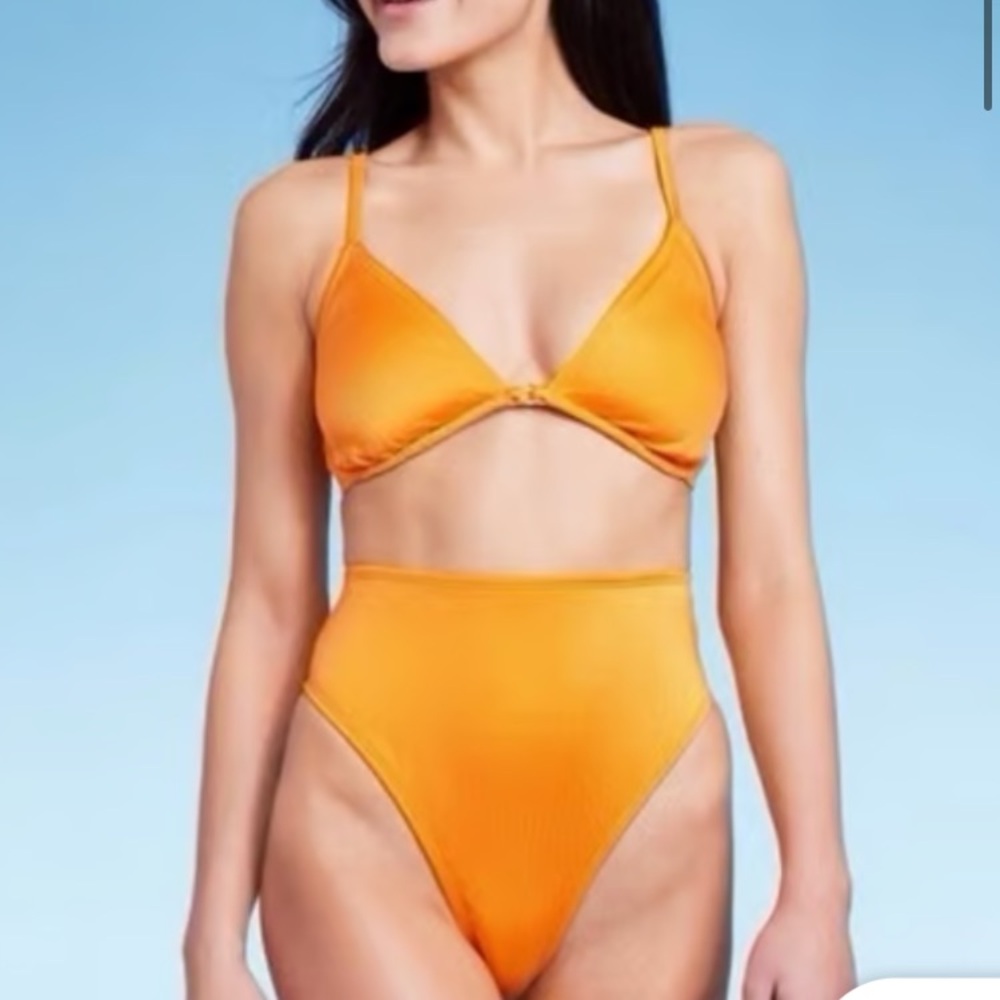 Set-Shiny Orange text underwire Bikini top with high waist extra high leg bottom